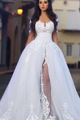 Long Sleeves A-Line Appliques White Elegant Wedding Dresses with Overskirt_2