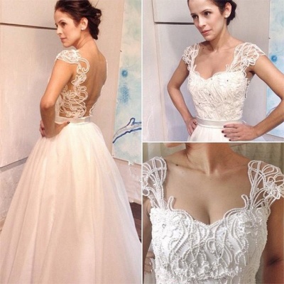 New Arrival Vintage White A-line Floor Length Pearls Backless Straps Wedding Dresses_3