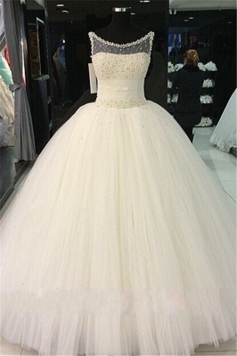 Gorgeous Princess Sleeveless Bridal Gowns Tulle Pearls Beadings Wedding Dresses_2