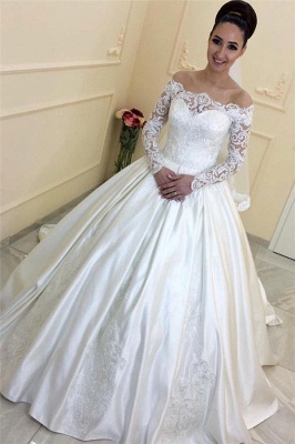 A-line Lace Long-Sleeves Sweep Train Off-the-Shoulder Wedding Dresses_2