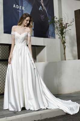 Cheap A Line Off the Shoulder Lace Satin White Wedding Gowns_13