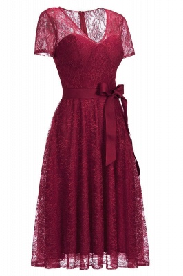 Tea-length Short-sleeve A-line V-neck Lace Red Prom Dress_12