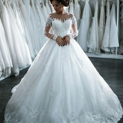 2021 Elegant Sheer Lace Long Sleeves Bridal Ball Gown Beaded Wedding Dresses_2