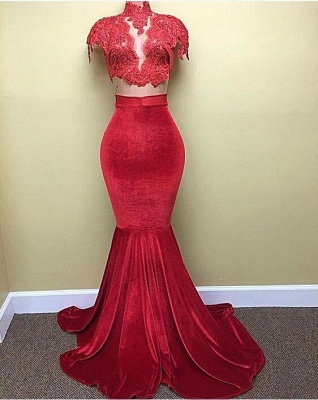 Mermaid Velvet Popular Red Cap-Sleeves Lace High-Neck Prom Dress_1