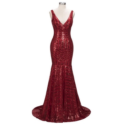 Sequins Red Shiny Mermaid V-Neck Long Prom Dresses_2