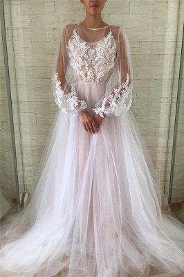 Applique Jewel Flare-long-sleeve With-slip A-line Wedding Dress_1