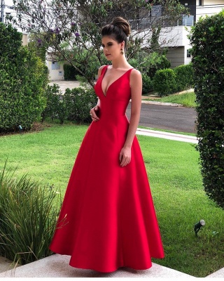 A-line Ruffles Strap Floor-length backless Red Prom Dress_3