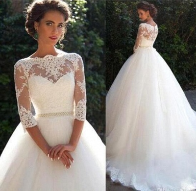 Fall Elegant Half Long Sleeves Bridal Ball Gown Lace Wedding Dresses_2