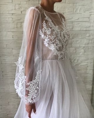 Applique Jewel Flare-long-sleeve With-slip A-line Wedding Dress_3