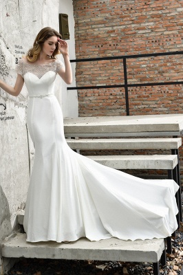 Cheap Short Sleeveless Lace Mermaid White wedding dresses_6