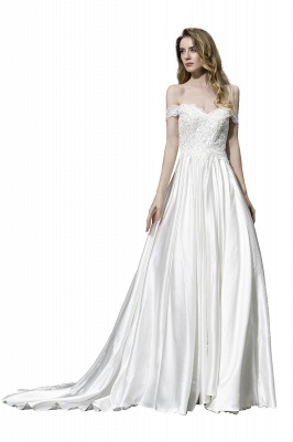 Cheap A Line Off the Shoulder Lace Satin White Wedding Gowns_3