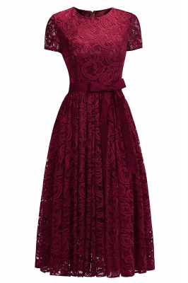 Bow Ribbon Sexy Lace Sheath Short-sleeves Red Prom Dresses_4