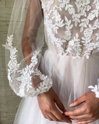 Applique Jewel Flare-long-sleeve With-slip A-line Wedding Dress_4