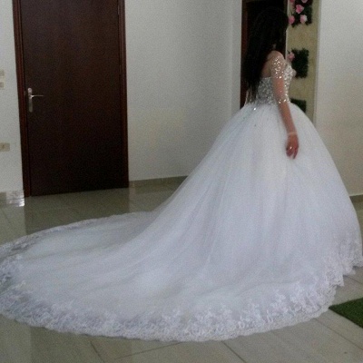 Glamorous Long Sleeves Ball Wedding Dresses Tulle Appliques Crytal Bridal Gowns_3