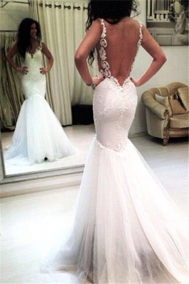 Tulle Appliques Mermaid Sexy Open-Back Sleeveless Wedding Dresses_2