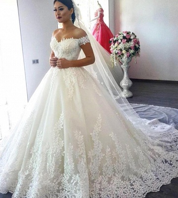 Gorgeous Ball Gown Wedding Dresses | Off-the-Shoulder Lace Appliques Bridal Gowns_2