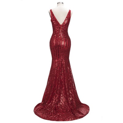 Sequins Red Shiny Mermaid V-Neck Long Prom Dresses_3