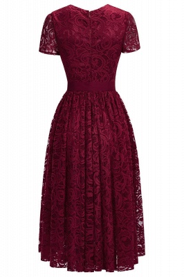 Bow Ribbon Sexy Lace Sheath Short-sleeves Red Prom Dresses_6