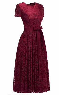 Bow Ribbon Sexy Lace Sheath Short-sleeves Red Prom Dresses_5