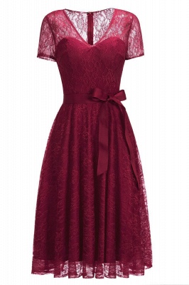 Tea-length Short-sleeve A-line V-neck Lace Red Prom Dress_13