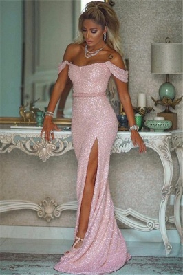 Beading Side-slit Sequin Sheath Floor-length Sash Pink Off-the-shoulder Prom Dress_1