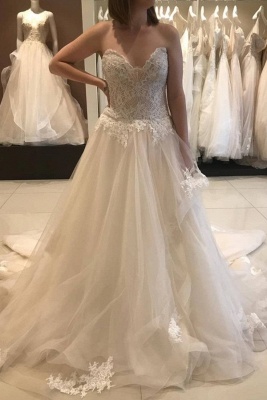 Luxury A-line Sweetheart Applique Strapless Lace Tiered Backless Wedding Dress_1