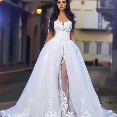 Long Sleeves A-Line Appliques White Elegant Wedding Dresses with Overskirt_4