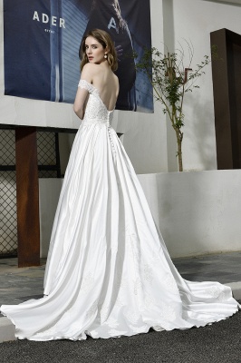 Cheap A Line Off the Shoulder Lace Satin White Wedding Gowns_12