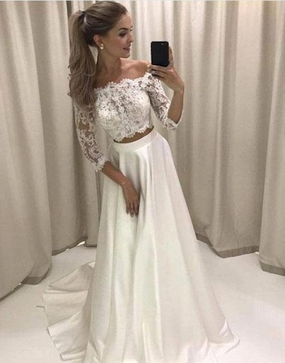 Two-pieces Sweep-train Off-the-shoulder Lace White Wedding Dress_2