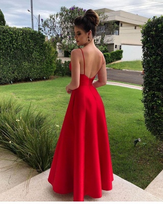 A-line Ruffles Strap Floor-length backless Red Prom Dress_2