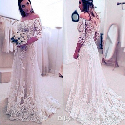 Elegant Lace Appliques A-line Sleeves Off-the-Shoulder Wedding Dresses_2