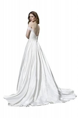 Cheap A Line Off the Shoulder Lace Satin White Wedding Gowns_4