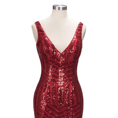 Sequins Red Shiny Mermaid V-Neck Long Prom Dresses_4