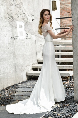 Cheap Short Sleeveless Lace Mermaid White wedding dresses_13