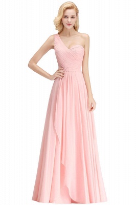 Ruffled One-Shoulder Pink Zipper Floor-length Sleeveless Modest Bridesmaid Dress_4