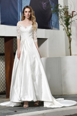 Cheap Lace Half Sleeves V Neck Wedding Gowns Satin with Train_8