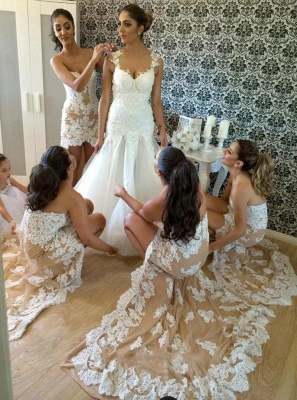 Lace Applique Hi-lo Mermaid Bridesmaid Dresses Court Train Sweetheart Neck Sexy Prom Dresses_2