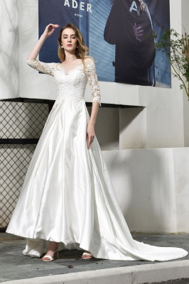 Cheap Lace Half Sleeves V Neck Wedding Gowns Satin with Train_1