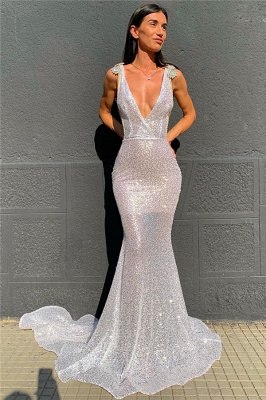 Shiny sequin Straps Deep-v-neck Beading-back Mermaid Prom Dress_1