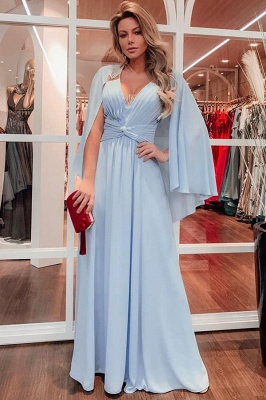 Blue Ruffles V-neck Floor-length A-line Prom Dresses With-Cape_1