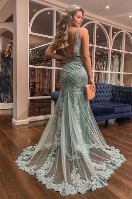 Mermaid Straps Beading Attractive V-neck Applique Backless Prom Dresses_2