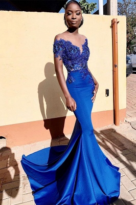 Short-sleeve Cheap Fitted Beading Royal Jewel Blue Mermaid Applique Prom Dresses_2