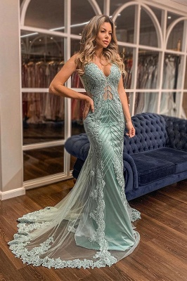 Mermaid Straps Beading Attractive V-neck Applique Backless Prom Dresses_1