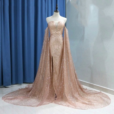 Gold Sequin Off-the-shoulder Site-slit Long-sleeve Sheath Prom Dresses_4