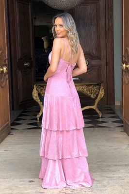 V-neck Straps A-line Pink Floor-length Ruffles Tiered Backless Prom Dresses_2