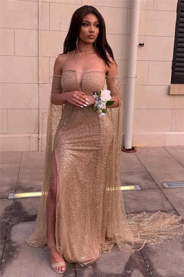 Gold Sequin Off-the-shoulder Site-slit Long-sleeve Sheath Prom Dresses_1