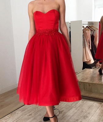 Red Lace Sleeveless Applique Sweetheart A-line Tea-length Prom Dresses_2