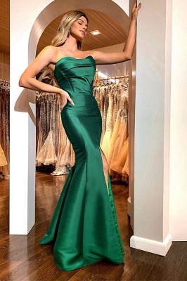 Floor-length Strapless Green Front-slit Mermaid Ruffles Prom Dresses_1