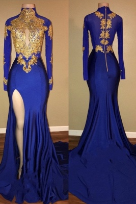 Royal Blue and Gold Prom Dresses | Long Sleeves Side Slit Evening Gowns_2