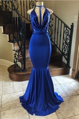 Floor-length Royal-blue Sequined Halter Mermaid Prom Dresses_1